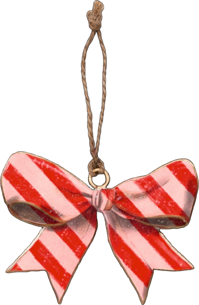 Anhänger in Form einer rot-rosa gestreiften Schleife mit brauner Kordel zum Aufhängen.