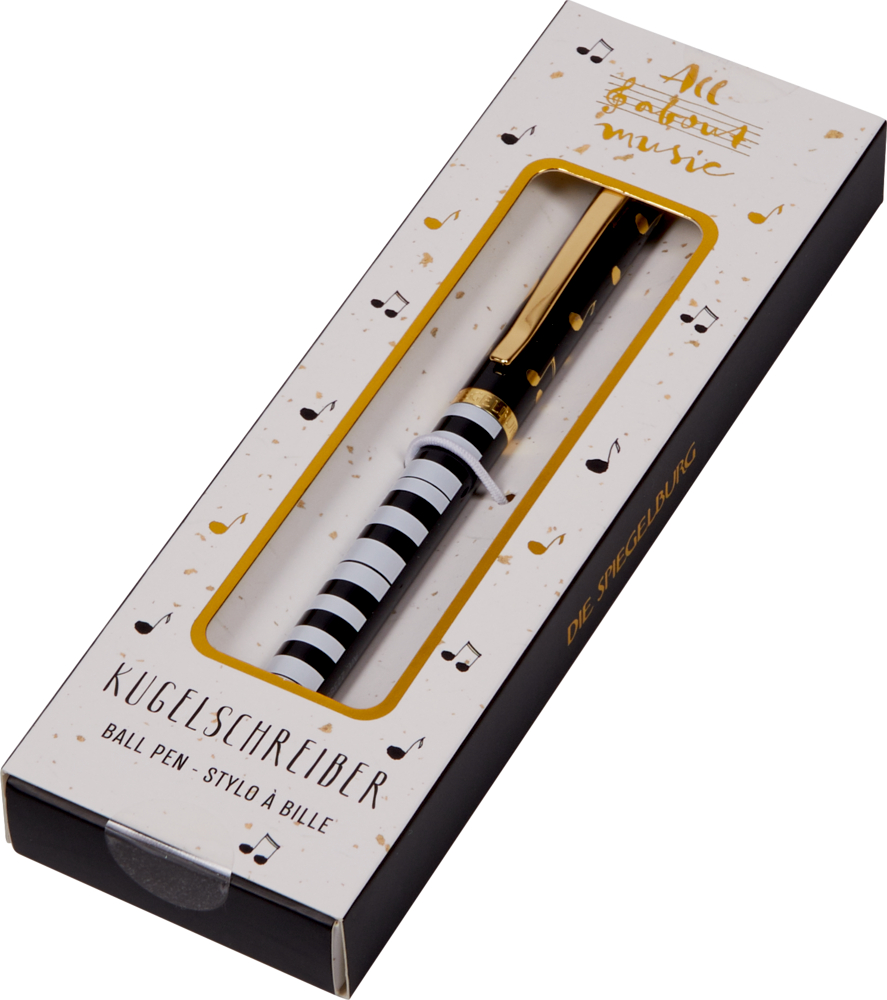 Kugelschreiber in einer Schachtel mit schwarz-weiß-gestreiftem Klavier-Design und Musiknoten-Akzenten auf der Verpackung.